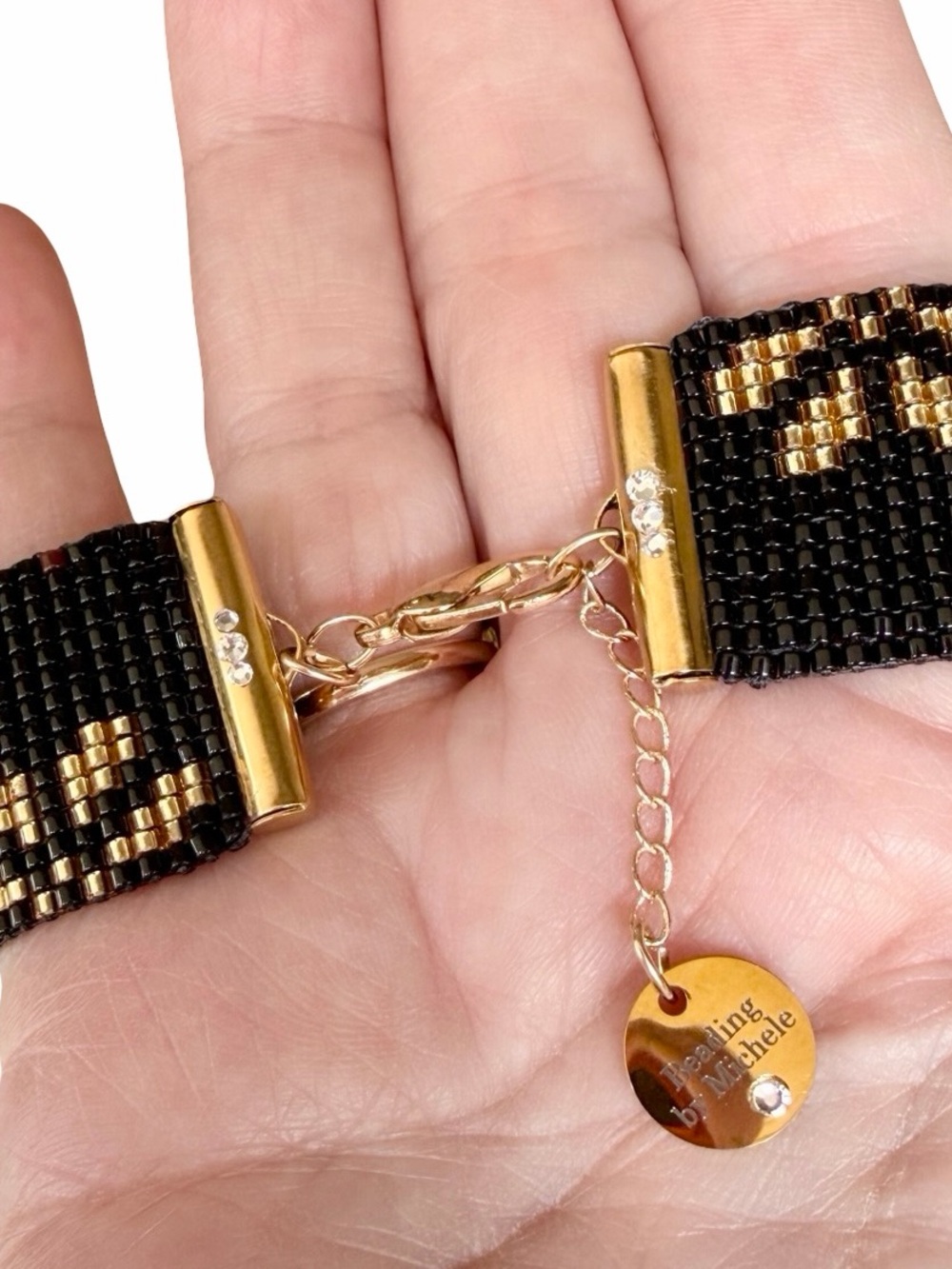 Black & Gold Art Deco Beaded Cuff Bracelet - Picture 7 of 7